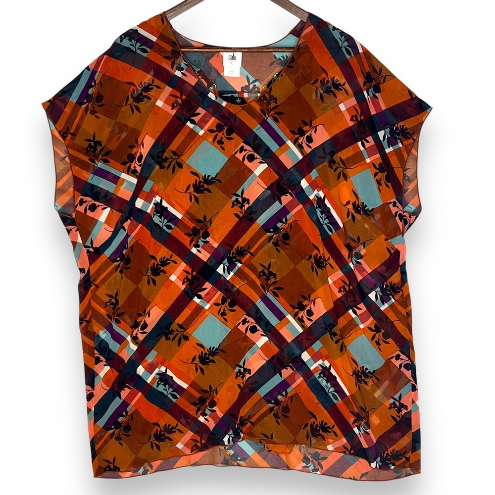 Cabi 2 Piece Sheer Blouse Top Cami Floral Plaid P… - image 1